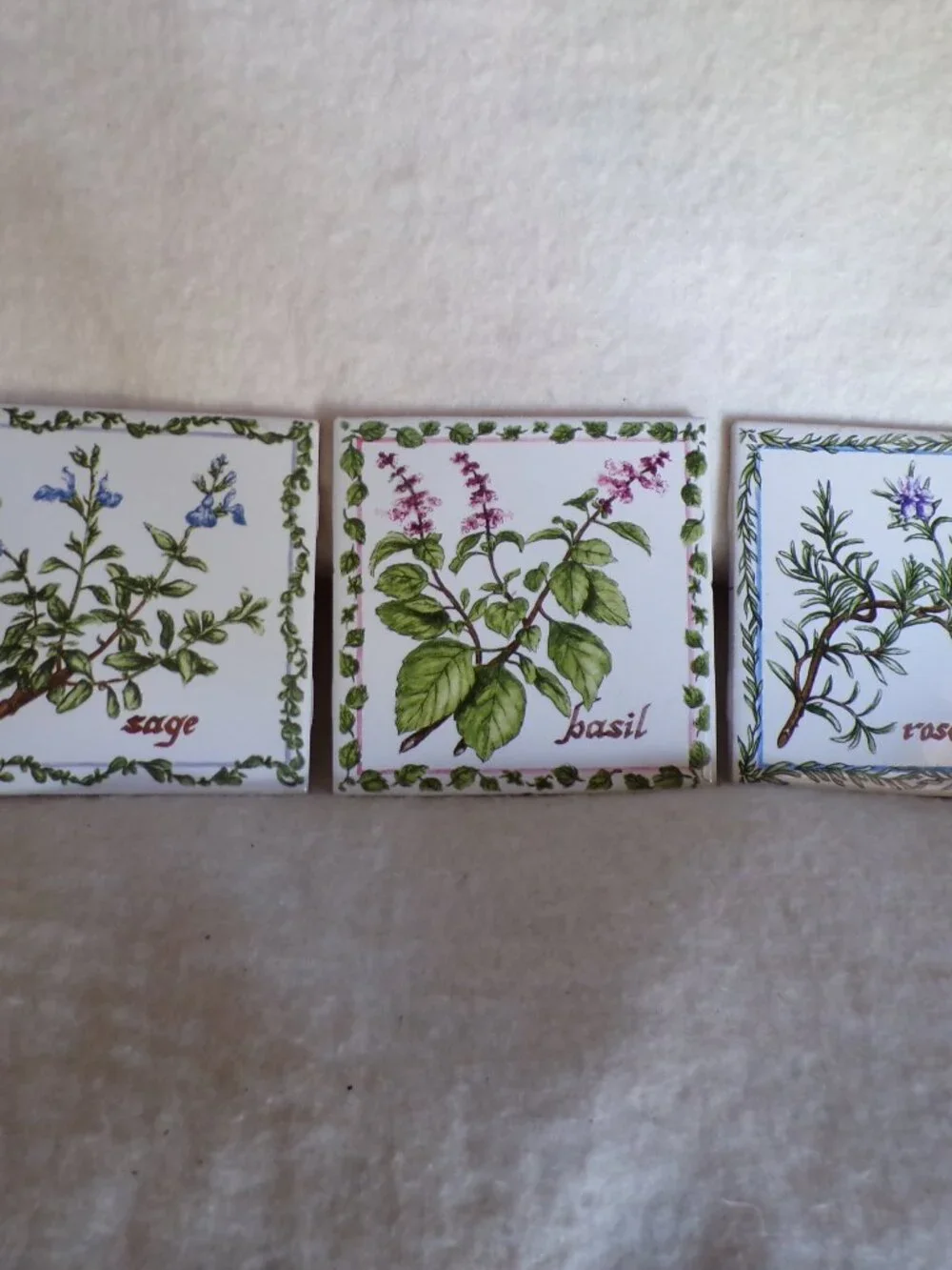 Set Of 3 JEFFREY COURT Botanical Herb Tiles Basil Sage Rosemary USA New